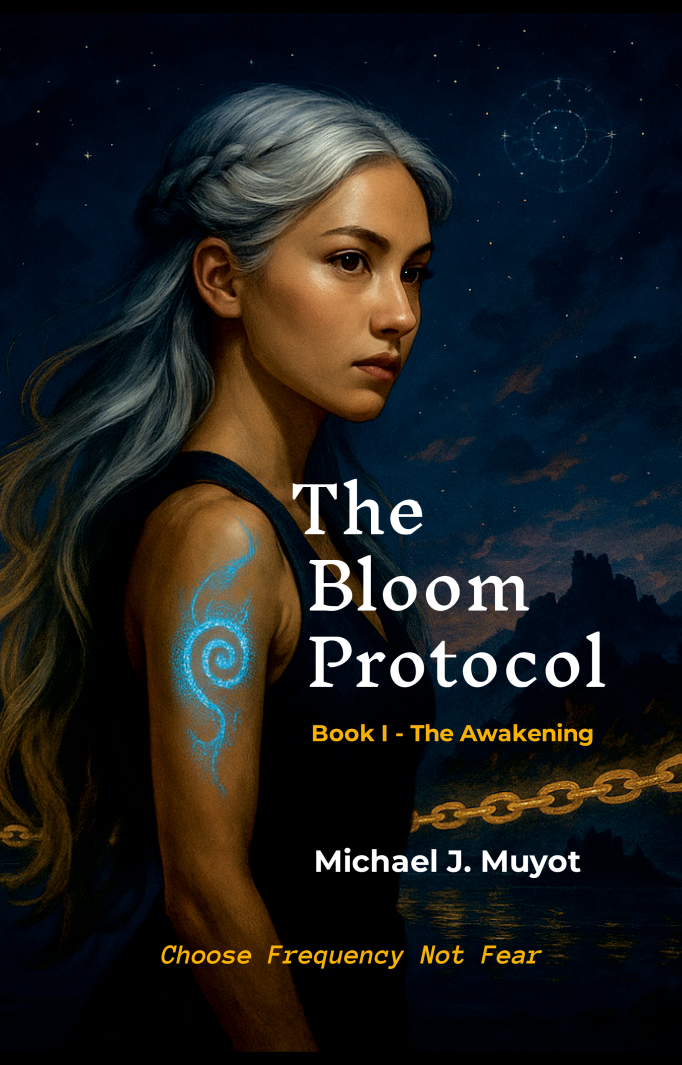 Front cover of Book I: The Awakening — Kaia beneath a starlit Hudson Valley sky with a glowing blue spiral on her arm