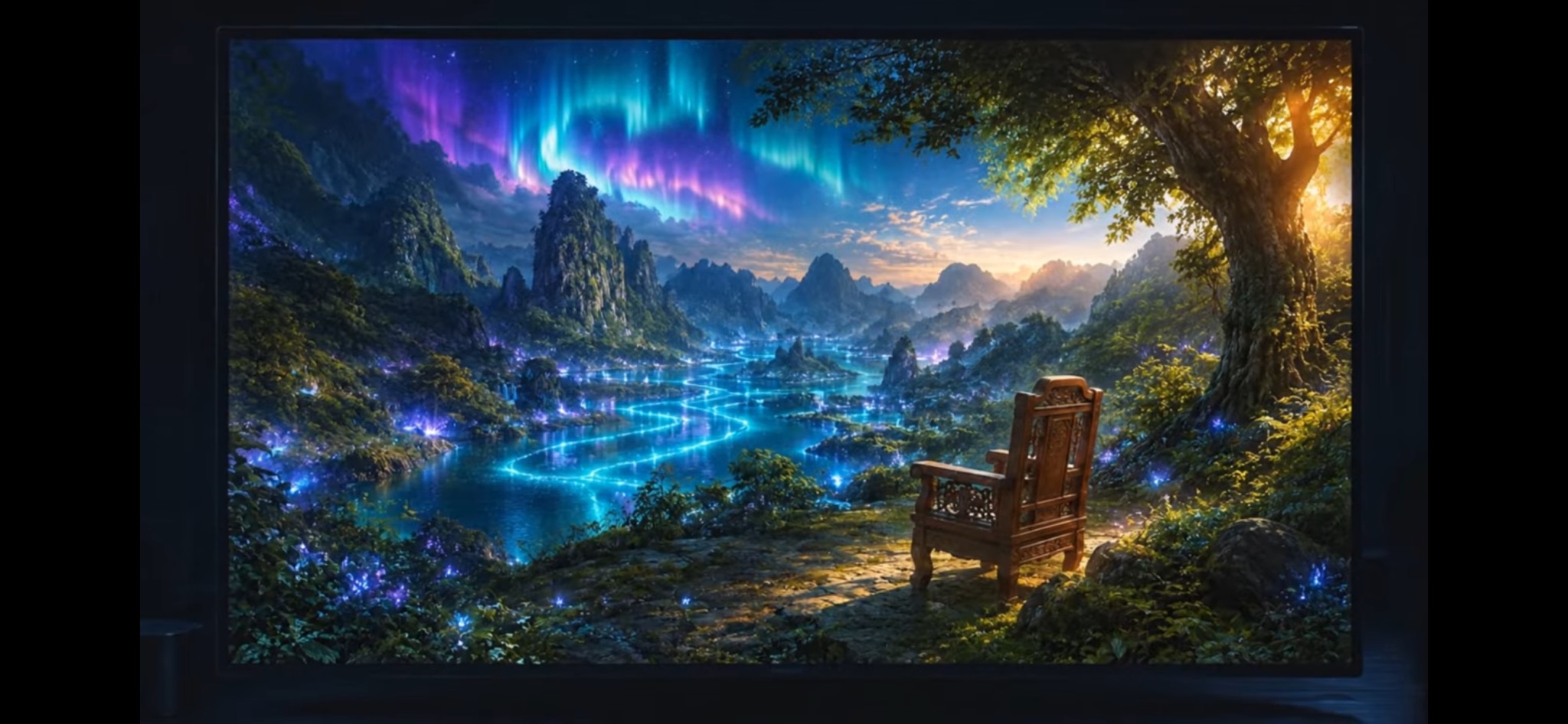 Still from The Bloom Protocol trailer: a bioluminescent valley under an aurora sky with a carved wooden chair overlooking a glowing river
